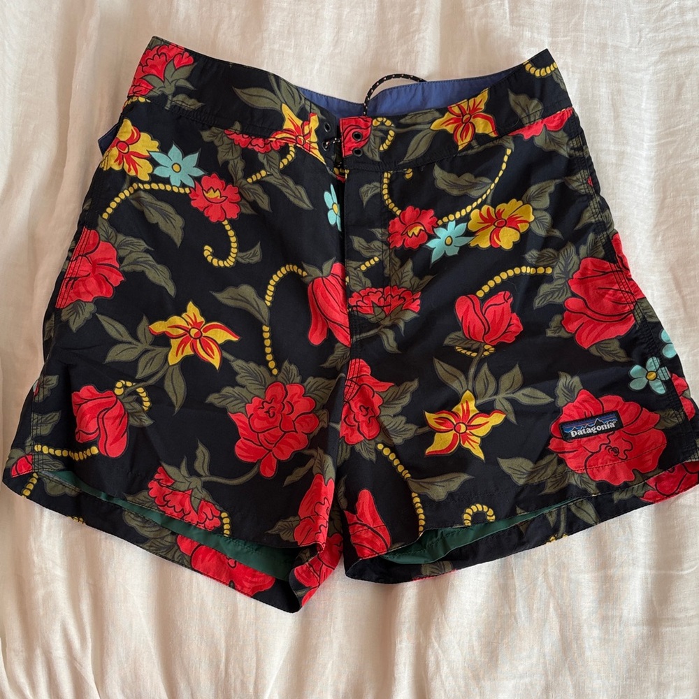 Patagonia Black Floral Swim Shorts with Red, Yellow & Teal Accents
